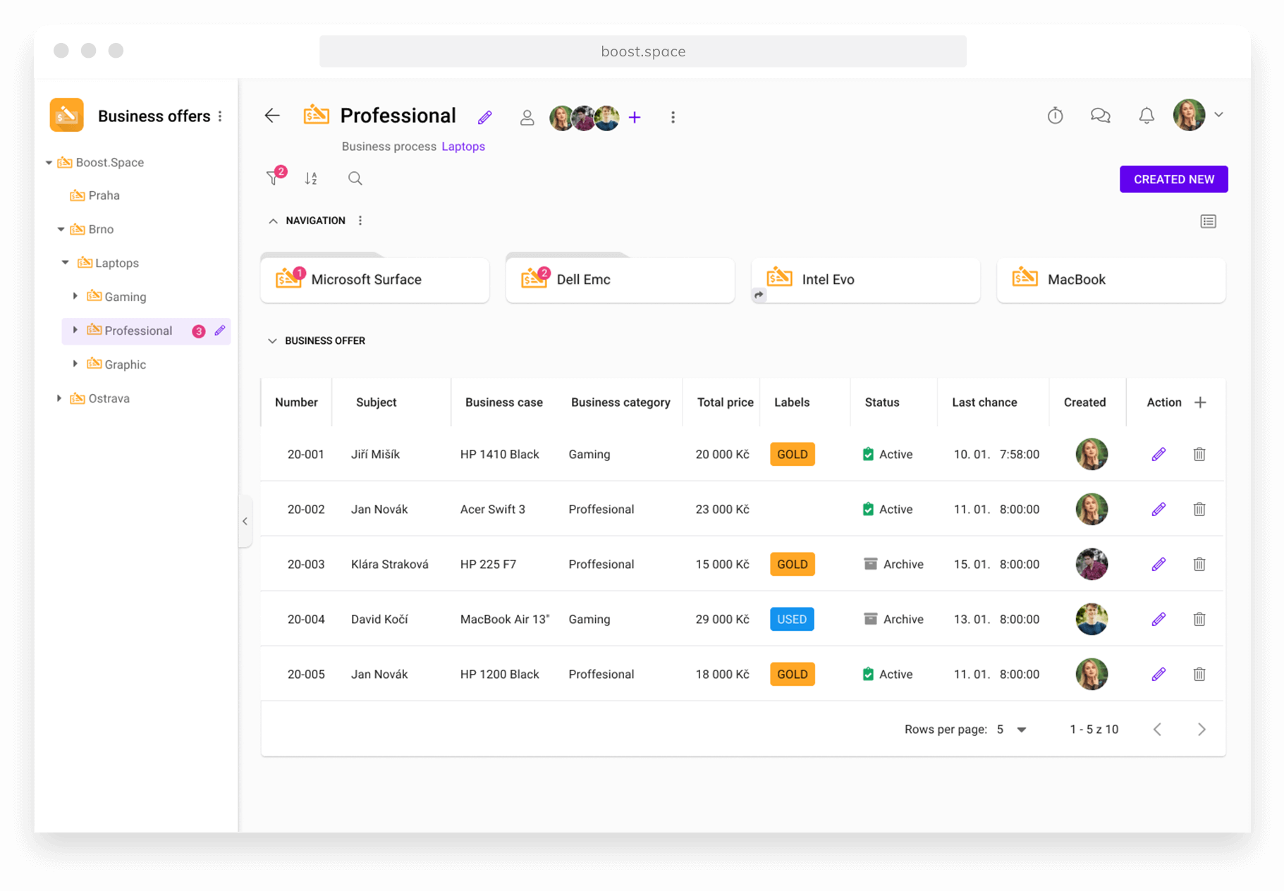 Screenshot of the module Business offers