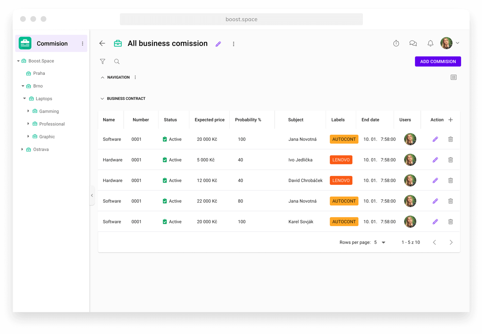 Screenshot of the module Contracts