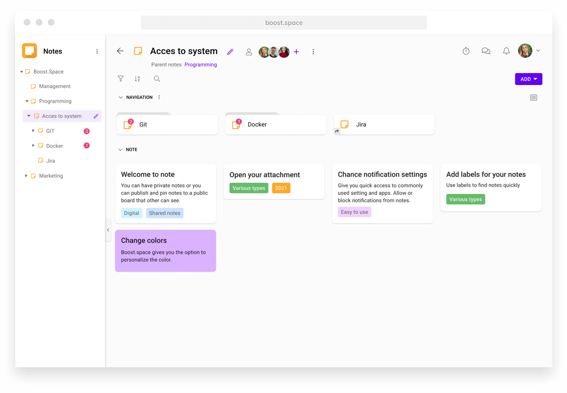 Screenshot of the module Notes