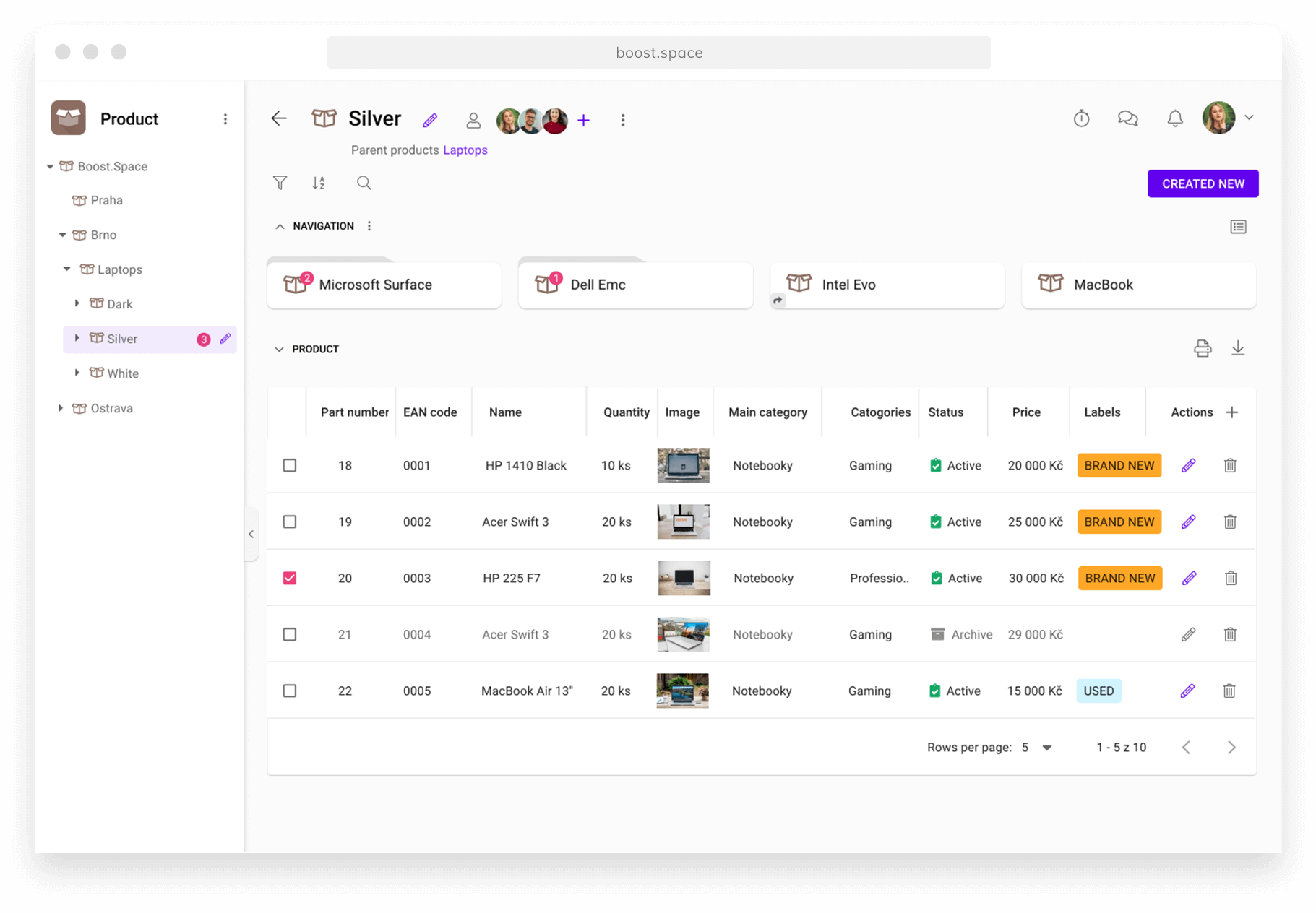 Screenshot of the module Products