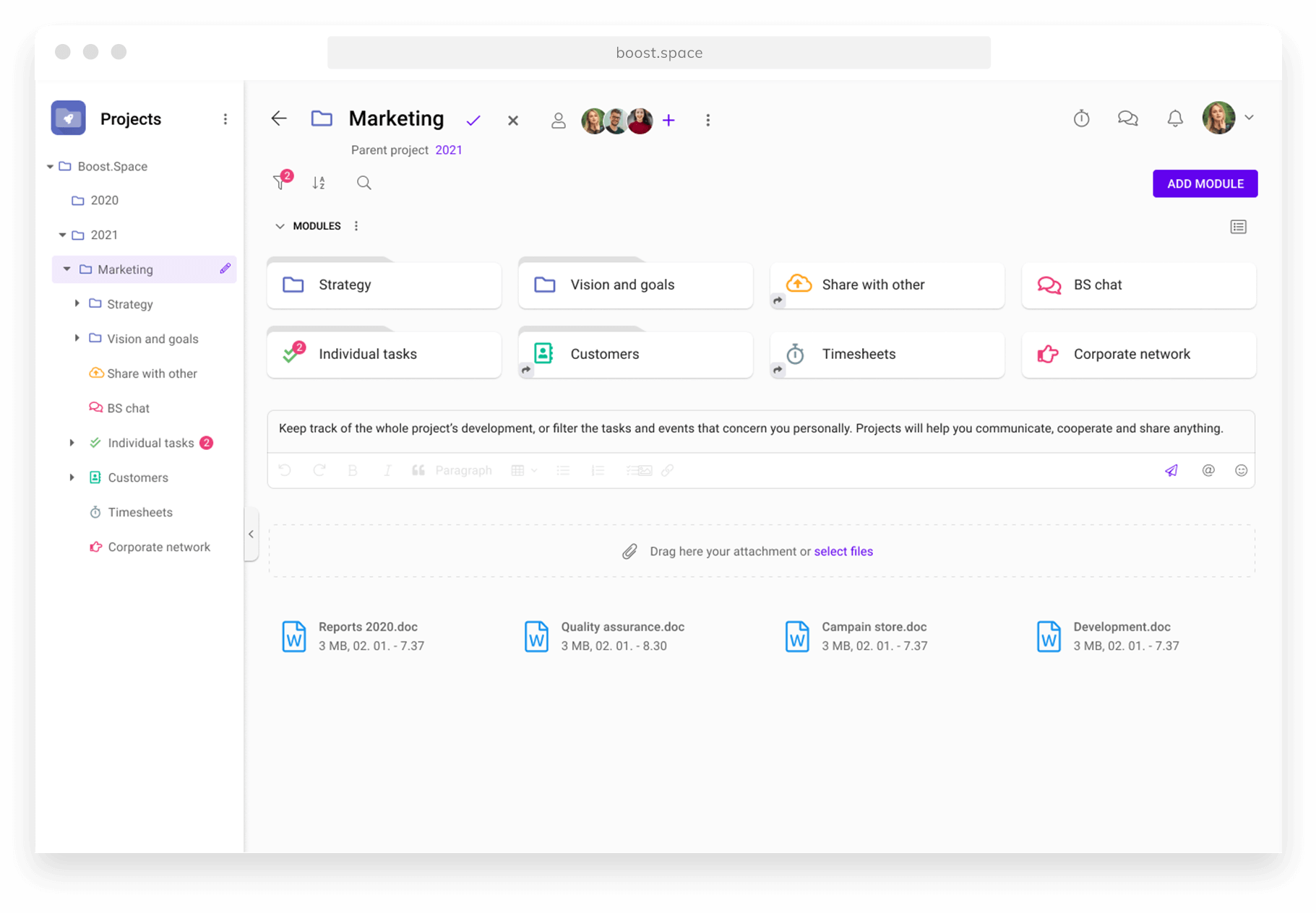 Screenshot of the module Projects