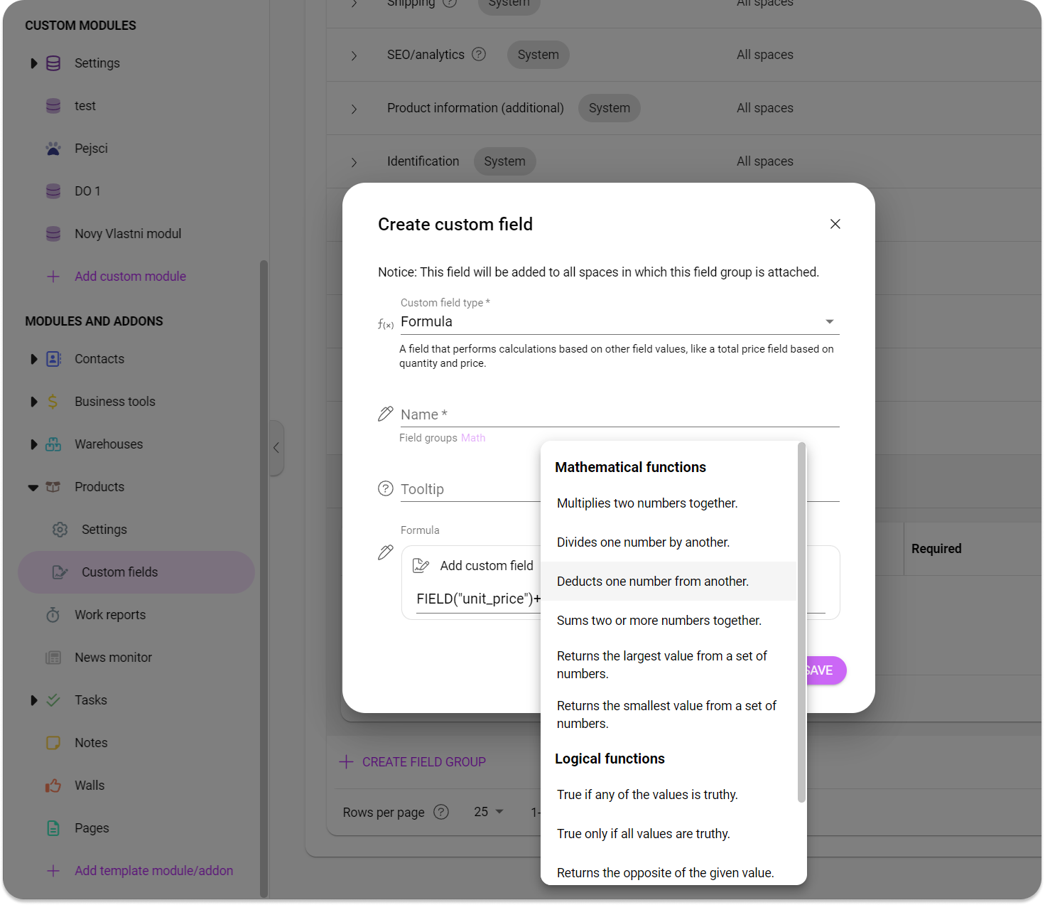 formula, automatic calculations data